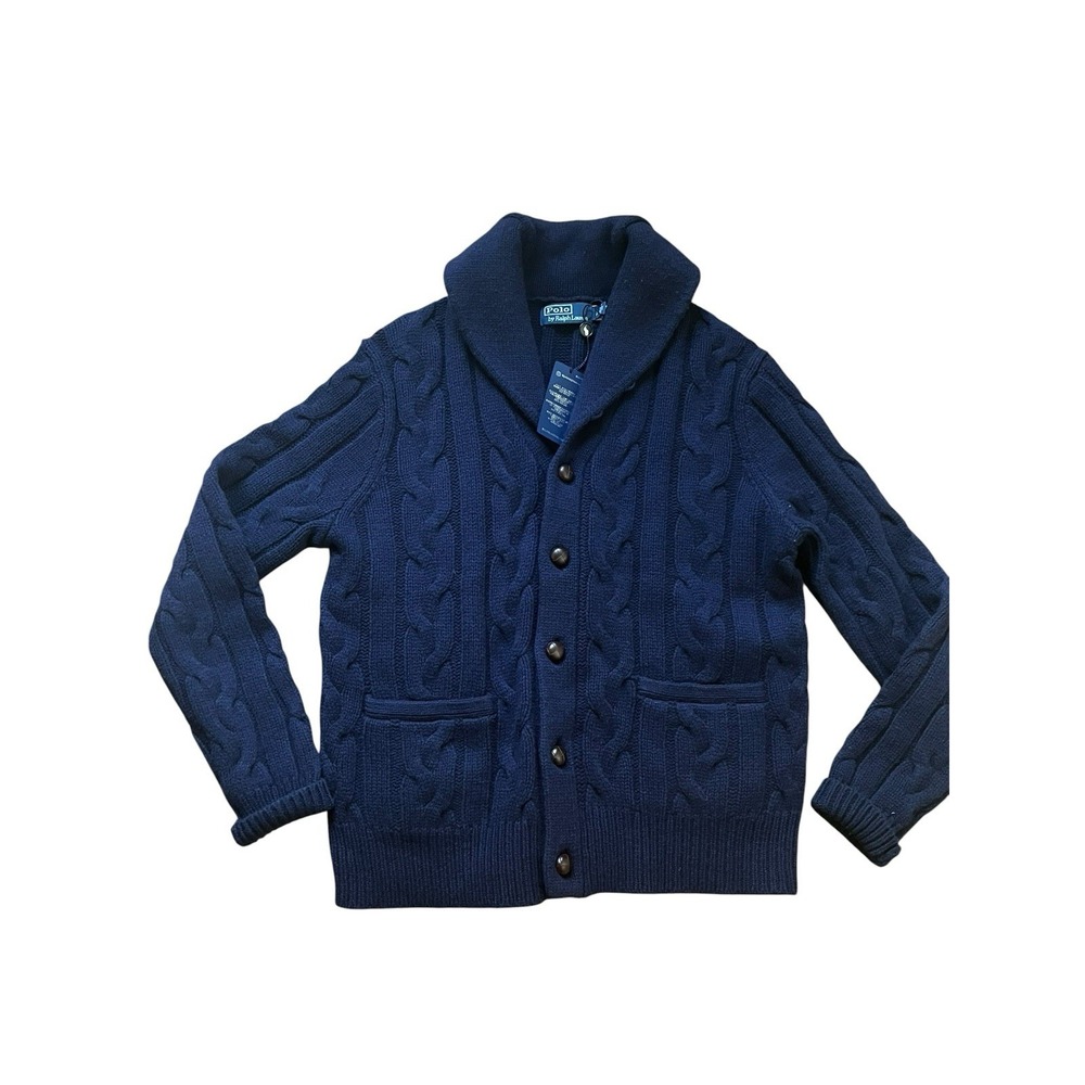 Polo Ralph Lauren Wool Cashmere Cardigan Sweater Fisherman Cable Knit Blue,Small